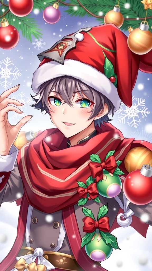 Zhongli in a Santa hat with Christmas decorations, set in a winter scene.